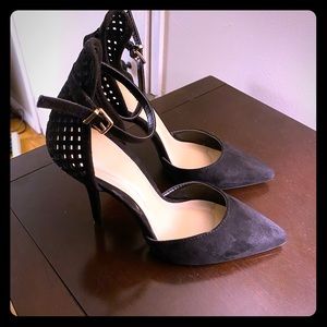 Black suede ankle strap heels